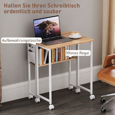 HOMCOM Folding Desk Small 63 cm Folding Desk with Wheels Space-Saving Computer Desk with Shelf, Storage Bag, for Home Office, Natural | Aosom