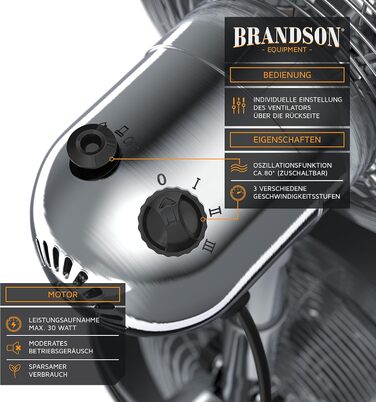 Настільний вентилятор Brandson з мідним дизайном: 3 швидкості, осциляція 80°, нахил 40°, металевий корпус