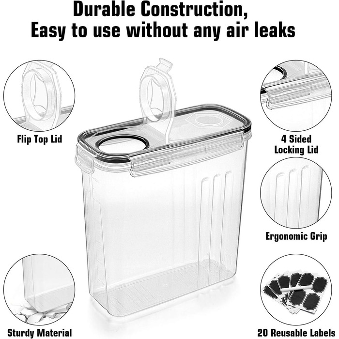 Wildone Freshness Containers, airtight, cereal storage containers for sugar, flour, snacks, baking supplies, leak-proof, with sealing lid, 4 pieces (4 l)