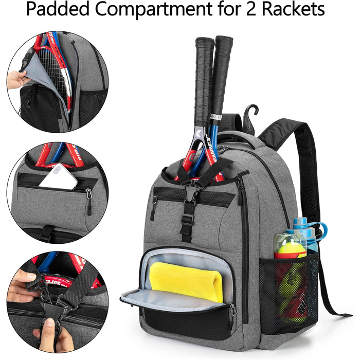 DSLEAF Tennis Bag for 2 Rackets - Backpack with Shoe Compartment - Sports Training Gym Bag for Tennis, Pickleball, Badminton, Squash - Grey
