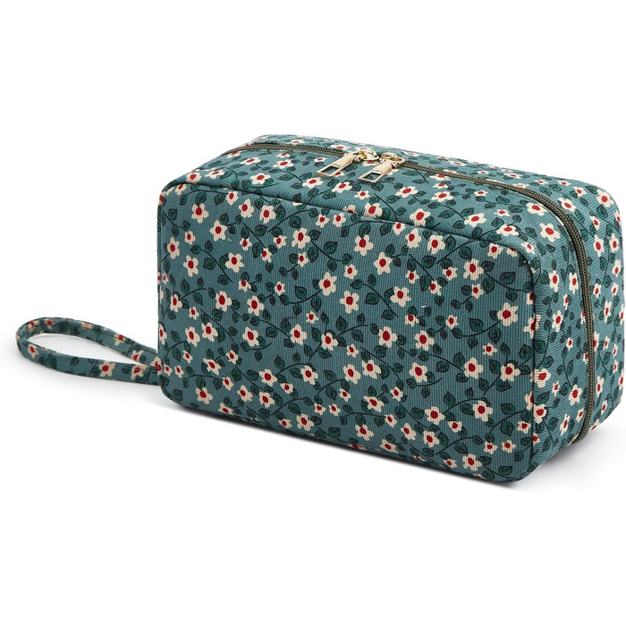 Косметичка жіноча з корду, туристична, для подорожей, зелена з квітами