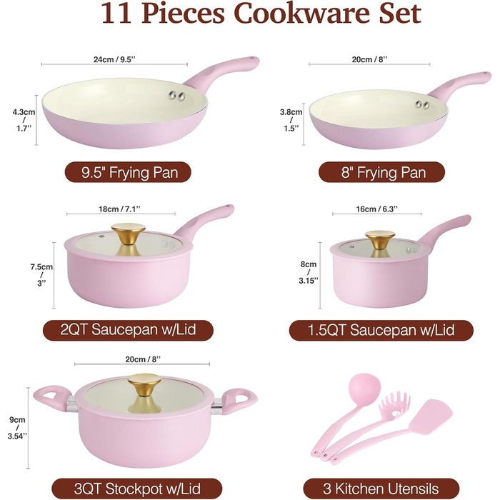 Набір посуду MELENTA 11 предметів з антипригарним покриттям, кераміка, індукційний, з кришкою, PFOA-free, рожевий HC3302-11PG