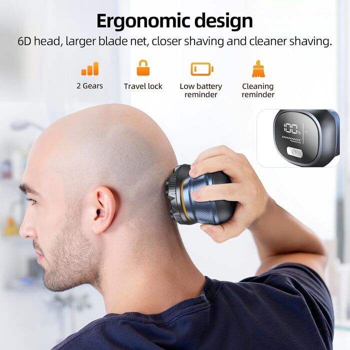 Електрична бритва для гоління голови Glatzen 6D, чоловіча, 2 режими, магнітна, IPX7 водонепроникна, Type-C, для сухого та вологого гоління 0.0 мм