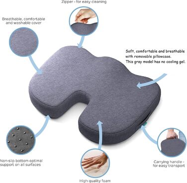 Ортопедична подушка для сидіння Bonmedico - Memory Foam Gel з гелевою вставкою для офісного крісла, авто та інвалідного візка (Сірий, Стандарт)