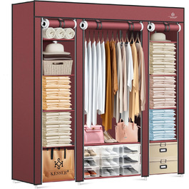 KESSER® Wardrobe Clothes Rack Stable with Clothes Rail & Shelves, Incl. 5x Clothes Hangers, Fabric Folding Wardrobe for Bedroom, Dressing Room, Clothes Rack 150x45x175cm (Burgundy Red)