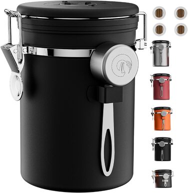 Coffee Gator Контейнер для кави з нержавіючої сталі, герметичний, з датчиком свіжості, клапаном CO2, ложкою, для кавових зерен, меленої кави, горіхів, чаю, цукру (Чорний, L)