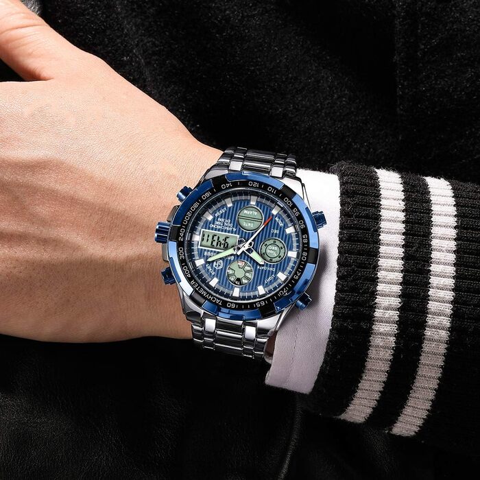 Чоловічий годинник з хронографом: надійний годинник з нержавіючої сталі, водонепроникний, з датою та будильником, аналогово-цифровий дисплей (сріблястий, блакитний)
