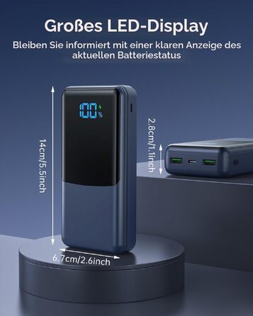 Повербанк 27000mAh з швидкою зарядкою USB-C PD 20W, зовнішній акумулятор для iPhone та Samsung з LED-дисплеєм, 2 входи та 3 виходи, чорний