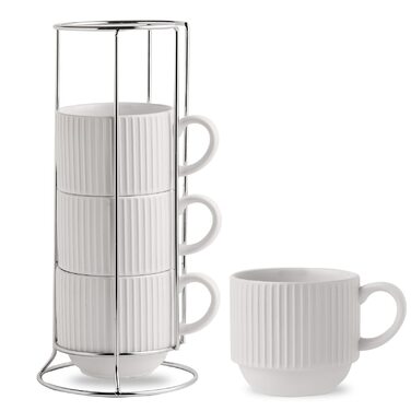 Набір кавових чашок Hasense Porcealin, 4 шт. з підставкою, 425 мл. Керамічні чашки для капучино, чаю, гарячого шоколаду, напоїв. Можна мити в посудомийній машині.