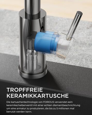 Змішувач для кухні FORIOUS висувний з душем, кухонний, L-подібний, 360° поворот, 2 режими, полірований хром