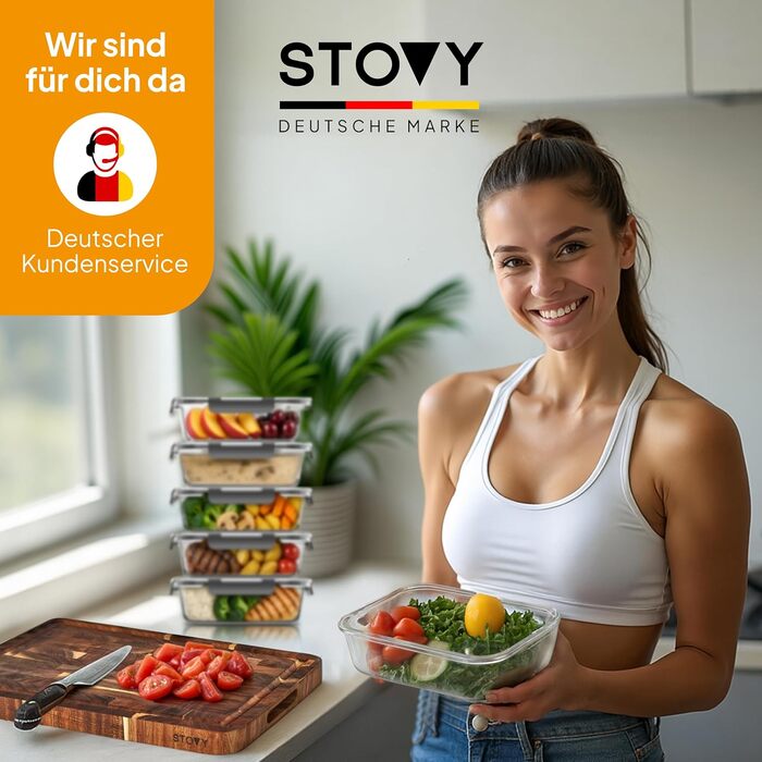 STOVY® Набори для приготування їжі Meal Prep Box - 5 контейнерів по 1040 мл з кришкою. Ідеально для повного раціону. Контейнери для зберігання їжі, придатні для мийки, мікрохвильової печі та морозильника.