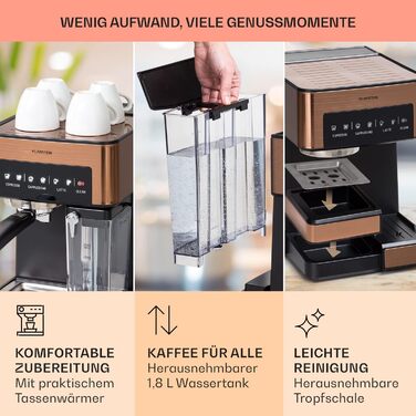 Klarstein Espresso Siebträgermaschine: Компактна кавомашина еспресо з молочною піною, 1,8 л, 20 бар, нержавіюча сталь, 0,5 л резервуар для молока, 1350 Вт, для меленої кави, колір мідний