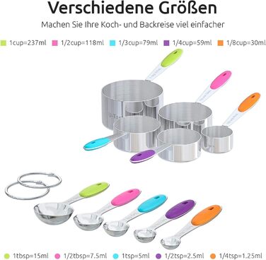 Measuring Cups: U-shaped 18/8 Stainless Steel Measuring Cups and Spoons Set with 10 Pieces, Thicker Grip, American (Multicolor)