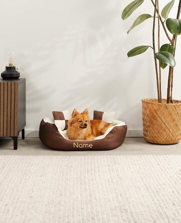 Ліжко для собак Lionto 4-в-1 з двостороннім подушкою, 65x50 см, з міцного оксфорду, водонепроникне, для собак та котів, з глибоким входом, включає декоративну подушку (колір: коричневий/бежевий)