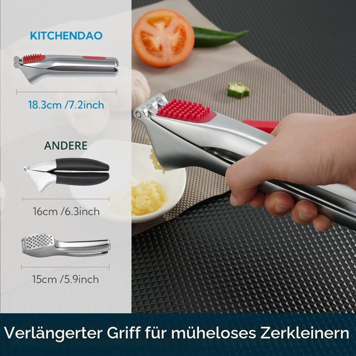 Професійний прес для часнику KITCHENDAO з контейнером, скребком та очищувачем, цинковий подрібнювач часнику (без очищення), сріблястий