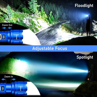 Ліхтар LED Blukar, перезарядна, надяскравий, з функцією зуму, 5 режимів, водонепроникний IP67, для кемпінгу та активного відпочинку (блакитний)