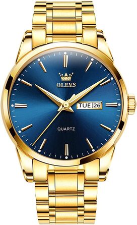 Чоловічий наручний годинник OLEVS класичний, кварцовий, водонепроникний, зі сталевим ремінцем та календарем (Синій/Золотий)