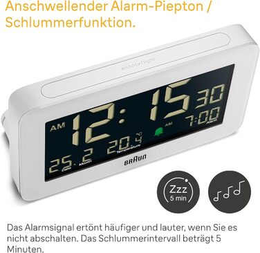 Braun Digital Alarm Clock with Date, Month, and Temperature Display, Negative LCD Display, Quick Set Function, and Gradual Alarm Sound in White, Model BC10W.