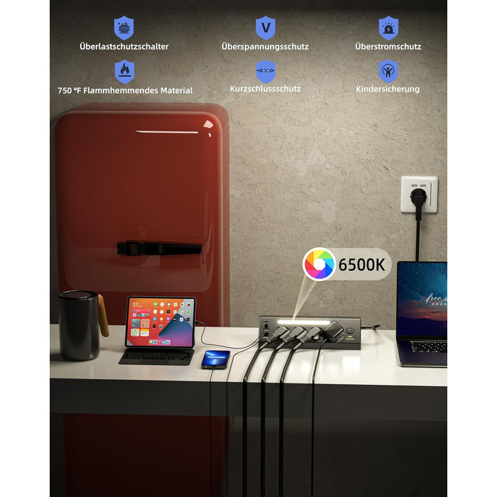 Кутова мережева розетка з USB та 2 Type-C, 4 слоти, з вимикачем, захист від перенапруги, LED, кабель 1.8м