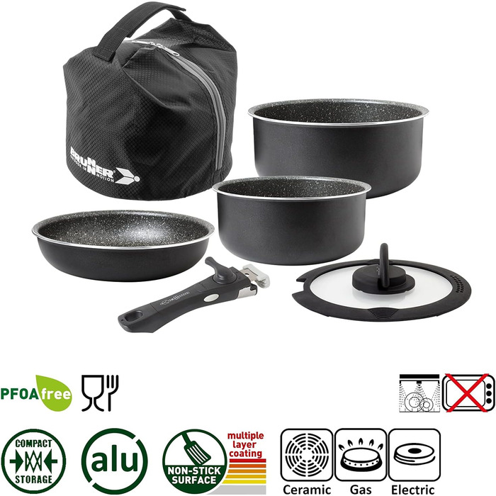 Набір посуду для кемпінгу BRUNNER з алюмінію (каструлі та сковорідки) - діаметр 20, 22, 24, 26 см, Pirate Vakublock, на 4 особи, з покриттям, легкий, високоякісний, компактний, 4+1 предмет