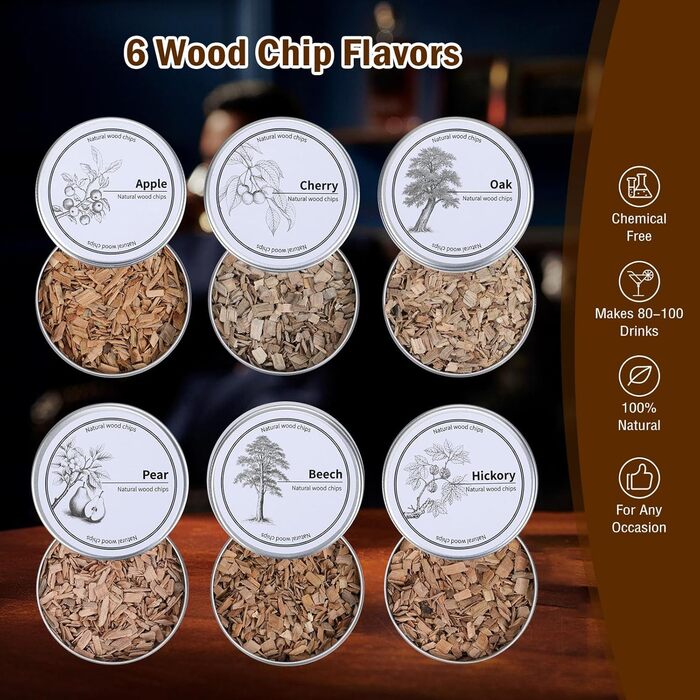 Електричний набір для копчення коктейлів та віскі з 6 дерев'яними стружками. Безпаливний аксесуар для напоїв. Подарунок для чоловіка/батька