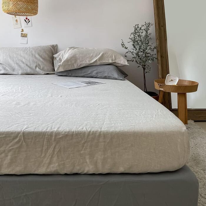 Simple & Opulence Fitted Sheet up to 35cm Side Height, 100% Pure Washed Linen, Temperature-Regulating and Breathable Fitted Sheet with Elastic, Certified Öko-Tex, 182x200cm, Natural Linen