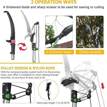 Telescopic pole pruner 8m handsaw, adjustable length, palm high-reach pole with carrying bag, garden tool for cutting palms and shrubs.