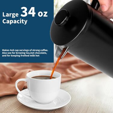 Френч-прес MERMOO YILAN 1L з нержавіючої сталі: термоізольований кавовар для кемпінгу, з подвійними стінками, 1000 мл (чорний)