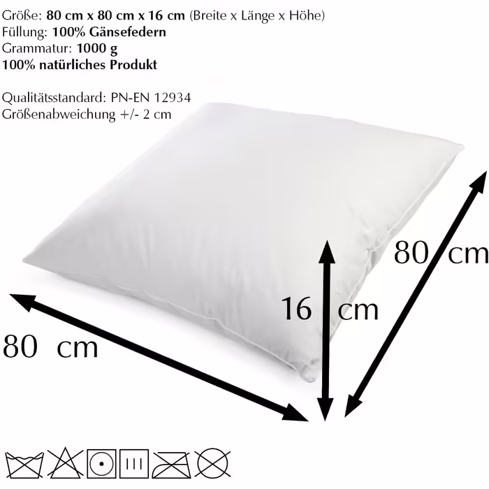 H&F Heimtextilien 4-Piece Set | Premium Quality | Pillowcases 80x80 cm | Filling: 1000 grams of Feathers, Goose Feathers | 100% Natural Pillow | Cover: 100% Cotton | Feather Pillow 80 x 80 cm | Oeko-TEX Certified 1000.0 grams 4