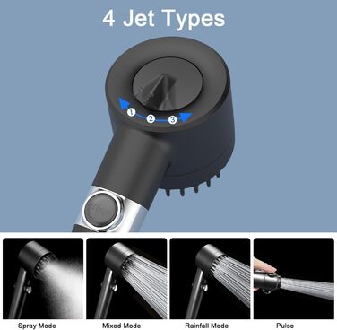 Фільтрована душова лійка з високим тиском, ручна, з шлангом, 4 режими, економія води, стоп-функція, для жорсткої води, видаляє хлор та бактерії (DY-001, чорний)