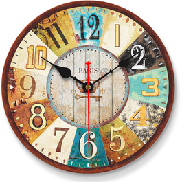 VIKMARI Quartz Wall Clock Wood Silent Hanging Clock, Battery-Powered Round Rustic Clock, Easy to Read Vintage Interior Wall Clock || 14' (France Parisian Style, 20 cm)