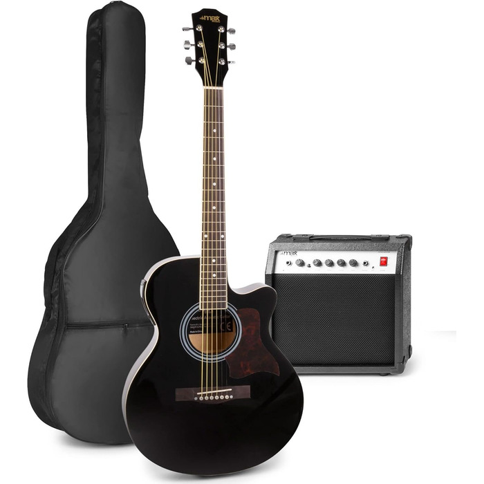MAX ShowKit Електрична акустична гітара, комплект - підсилювач 40 Вт, підставка для нот, тюнер, чохол, медіатор - чорний