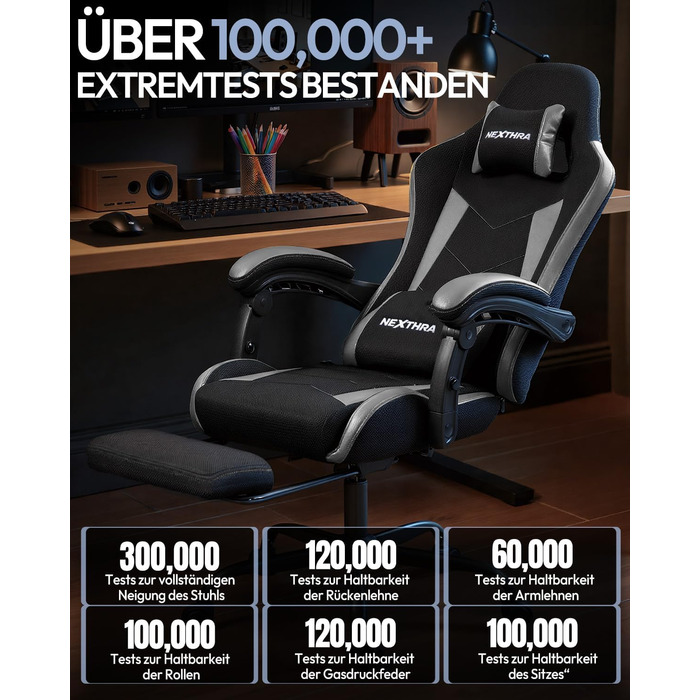 Геймерське крісло Nexthra Ergonomisch з підставкою для ніг, до 180 кг, чорне. Регульована спинка 150°, для геймінгу та офісу