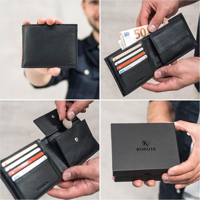KORUTA® Men's Wallet Black with RFID Protection | Genuine Leather Bifold Wallet Large 13 Compartments Money Clip Wallet for Men Wallet Portmonee Made of Genuine Leather (Black)