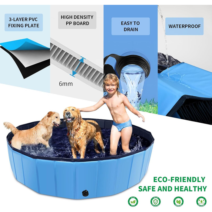 Foldable Dog Pool, 100 x 30.5 inches, Oversized, Hard Plastic, Portable, Swimming Pool for Dogs, Cats, and Children, Pet, Puppy Bathtub, Foldable, Kiddie Pool (Blue, 200cm)