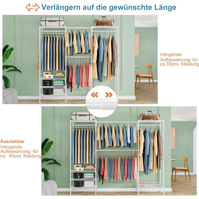 Розширюваний вішак для одягу, металева штанга для одягу, розсувний гардероб з гачками (білий)