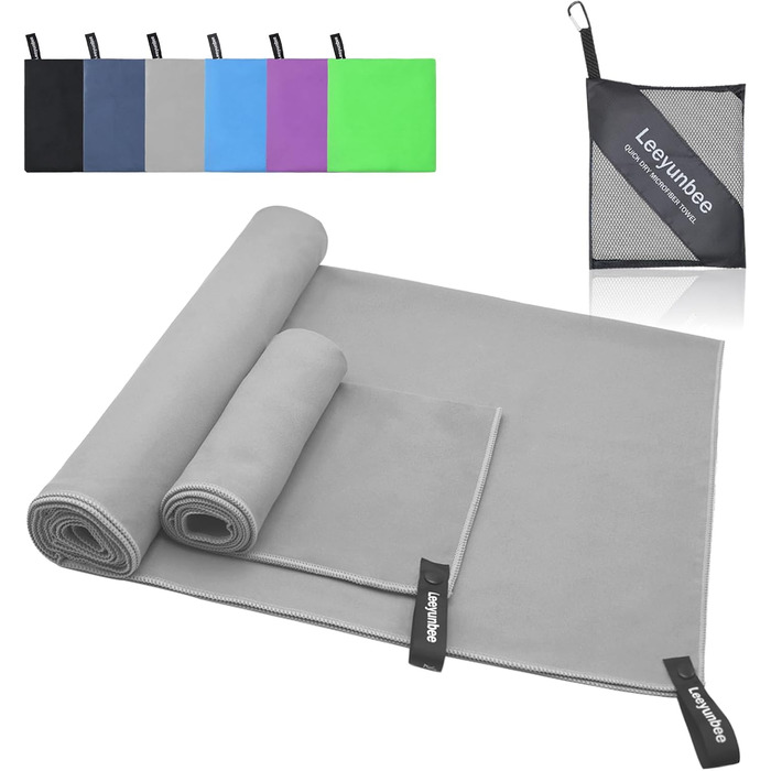 Набір рушників Leeyunbee з мікрофібри (2 шт.) - 160x80 см + 80x40 см, швидковисихаючі, для спорту, подорожей, пляжу (світло-сірий)