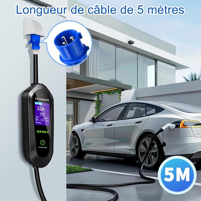 Мобільна зарядка для електромобіля 7kW CEE 32A, кабель Type 2, 5м, 1-фазна, 8-32A, з цифровим дисплеєм