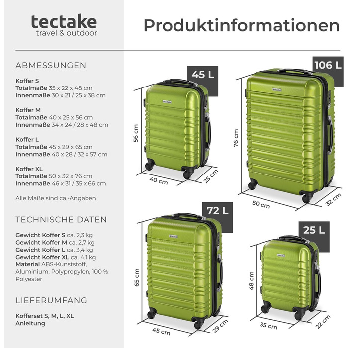 Набір валіз Tectake® 4 шт. з TSA замком, жорсткий корпус, набір ролерів, ABS, 4 колеса, 360°, телескопічна ручка - зелений