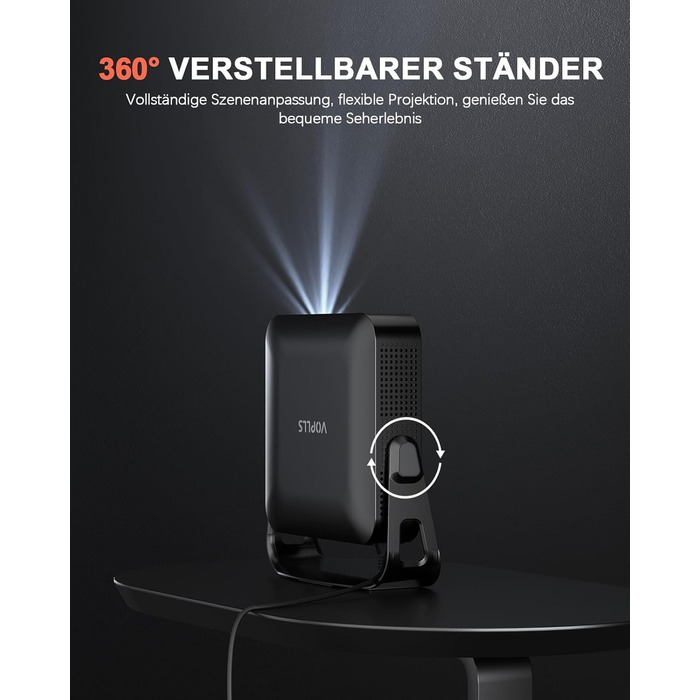 Проектор VOPLLS Mini Beamer 1080P Full HD 4K з автофокусом, корекцією трапецеїдальних спотворень, WiFi6, Bluetooth, 23000 люмен, 360° обертання, для домашнього кінотеатру та мобільних пристроїв