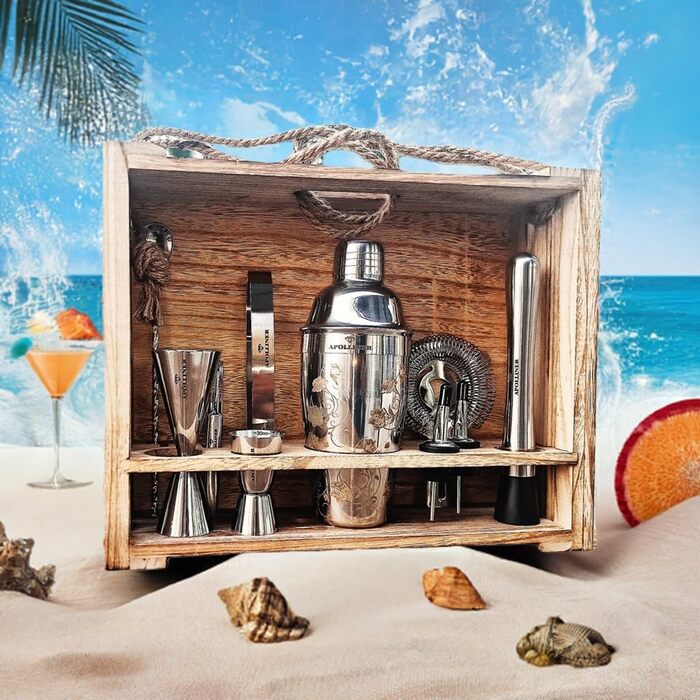 Cocktail Shaker, Professional Cocktail Shaker Set, Stainless Steel, 16 Pieces, Wooden Carrier, Easy to Carry, for Storing Aperitifs, Cocktail Set (16)