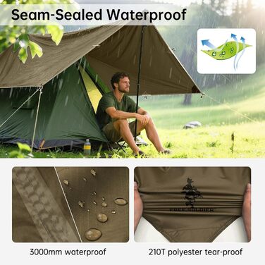 FREE SOLDIER 3x3.2m Waterproof Tarp - Ultralight Tent Shelter for Camping, Hiking & Outdoor Activities (Military Green)