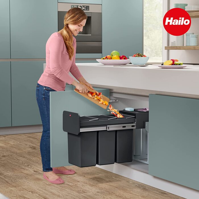 Hailo EcoLine Design Trio L Built-in Waste Separation System - Trio Waste Bin with Full Extension - Steel Sheet - Black - 25.6 x 41.8 x 48.6 cm - 3 x 10 l (3 x 10 Liters)