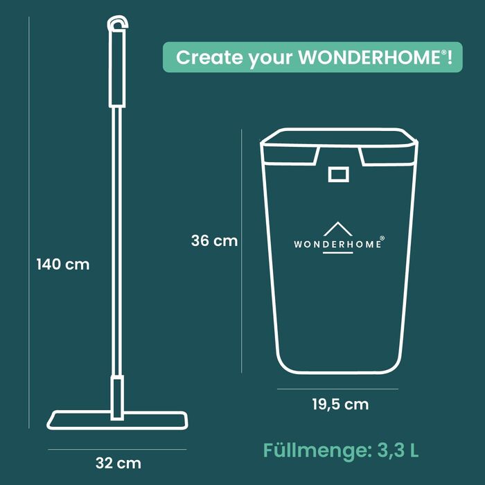 WONDERHOME Floor Wiper Set with Bucket - separates dirt from clean water - innovative 3-chamber mop cleaning set + wringing function - Classic [Order now with extended 140cm pole!]