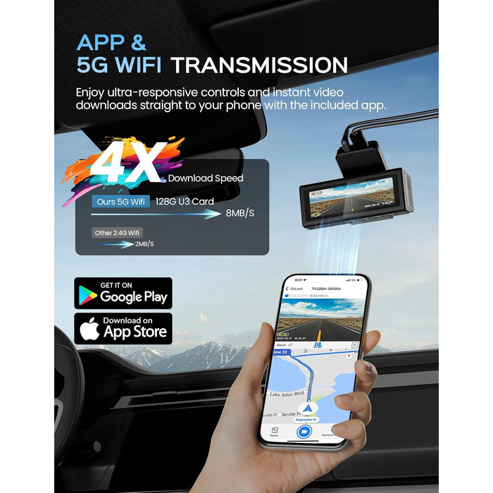 Відеореєстратор TECXERLLON 4K з ADAS, GPS, WDR, G-сенсором та нічним баченням, 24/7 парковка, 128GB карта в комплекті