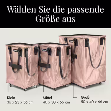 HULKEN - (Small, Rose Gold) Reusable shopping bag on wheels. The shopping cart can carry up to 30 kg, has sturdy handles, a zipper, and is flat, lightweight, and foldable.