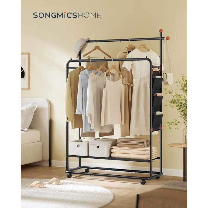 SONGMICS HOME Rolling Garment Rack, Coat Rack, 2 Clothes Rods, Shelf, Side Organizer, Match-Shaped Hooks, Stable, Bedroom, Hallway, Ink Black HSR171B01