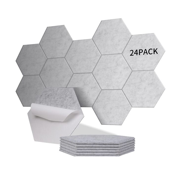 Самоклеючі гексагональні акустичні панелі для шумоізоляції стін та дверей, 24 шт, 1.4м², сріблясто-сірі, 100% поліестер, NRC 0.95