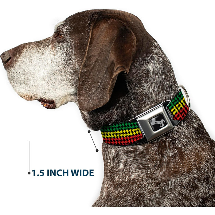 Нашийник для собак Buckle-Down Seatbelt Buckle - Houndstooth Black/Rasta, 1' шириною, розмір L (15-26 дюймів)