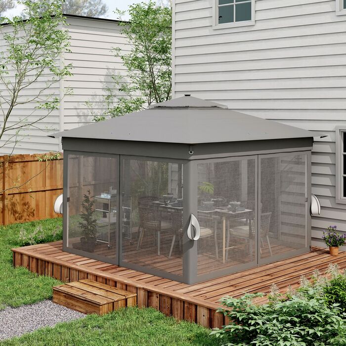 Outsunny Folding Gazebo, approx. 3 x 3 m, Gazebo with LED lights, 4 mosquito nets, side walls, garden gazebo with water bag, double roof, carry bag, dark grey | Aosom